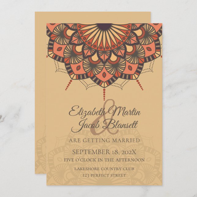 Convite Casamento Contemporâneo de Peach Mandala (Frente/Verso)