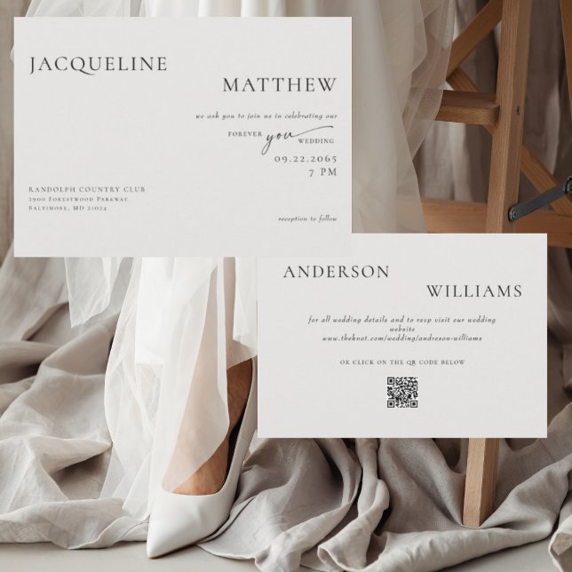 Convite Casamento Contemporâneo Forever You Código QR Bege (Criador carregado)