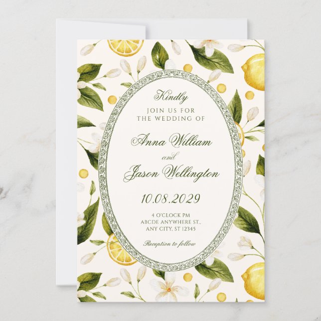 Convite Casamento contínuo amarelo limão floral (Frente)