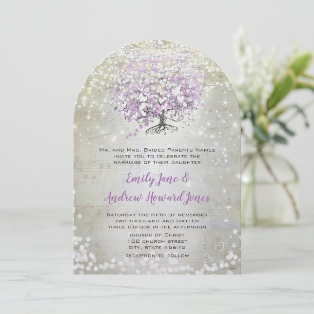 Convite Casamento Conto de Fadas Lavanda Luzes e Estrelas (Em pé/Frente)