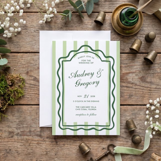 Convite Casamento Coquette Minimalista Verde (Green Wavy Frame Wedding Invitation)