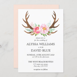 Convite Casamento Cor de Água Floral Rosa de Deer Antlers 