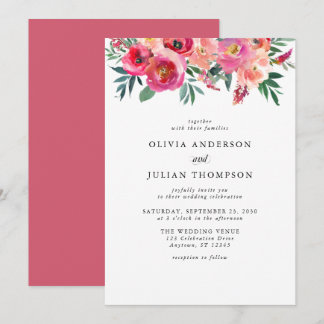 Convite Casamento Cor-de-Água Floral Vermelha e Blush Rosa