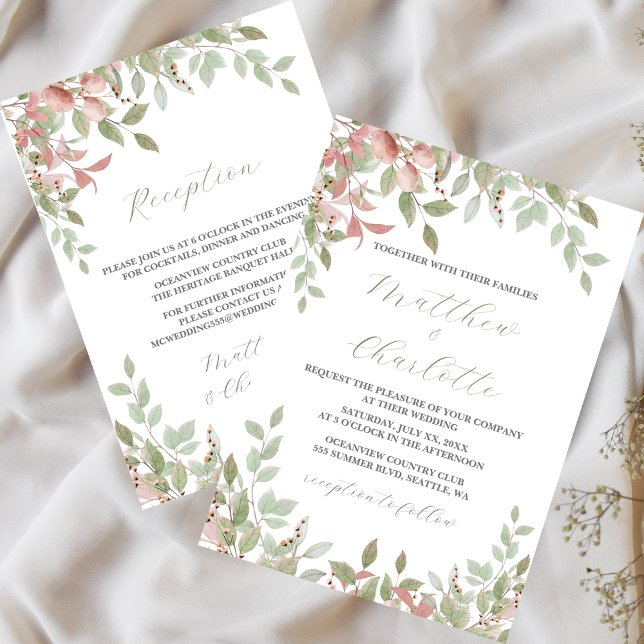 Convite Casamento Cor de Água Rosa-de-Mola (Watercolor Leaves, Green & Pink, Wedding Invitation 2)