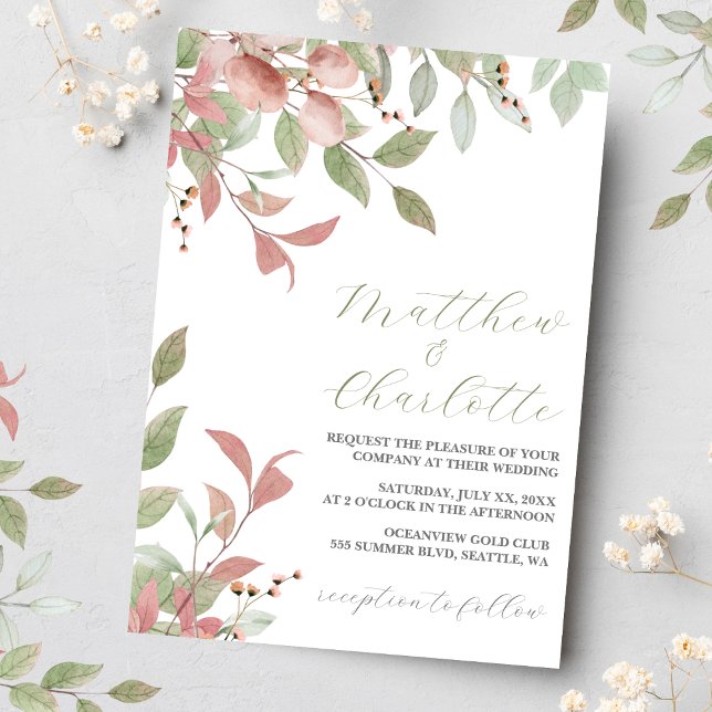 Convite Casamento Cor de Água Rosa-de-Mola (Watercolor Leaves, Green & Pink Wedding Invitation 3)