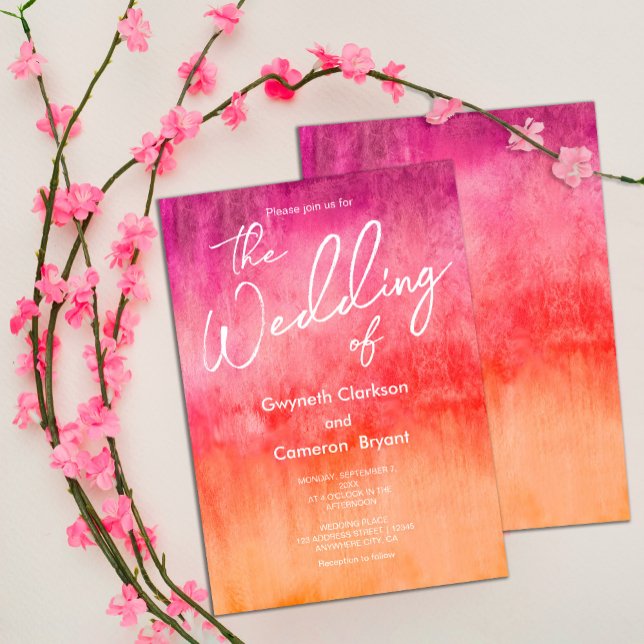 Convite Casamento Cor de Água Rosa Quente e Laranja (#hotpinkandorangeinvitation #brightandbold #spring #watercolorinvitation)