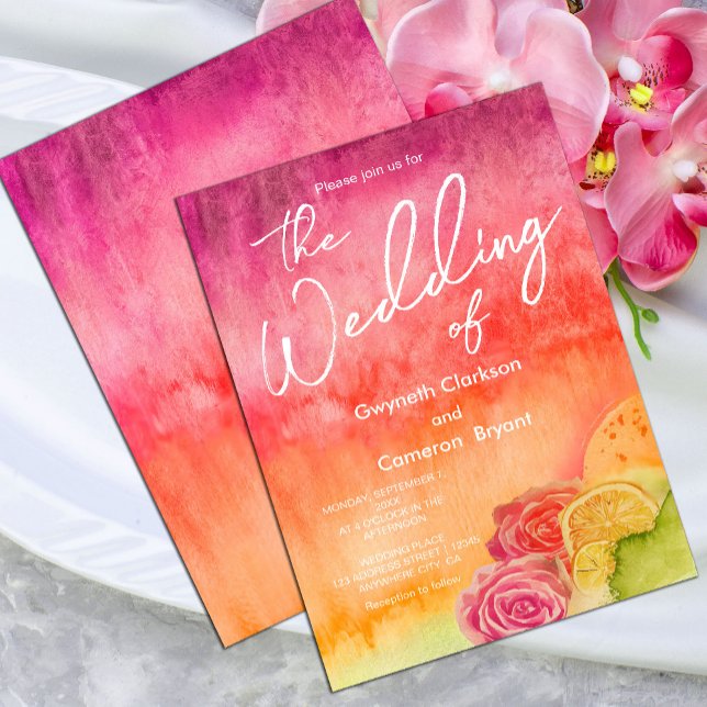 Convite Casamento Cor de Água Rosa Quente e Laranja (#WatercolorWedding #FloralInvite #TropicalWedding #ElegantStationery #ZazzleDesign)