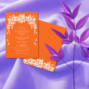 Convite Casamento cor de laranja branco floral cascata