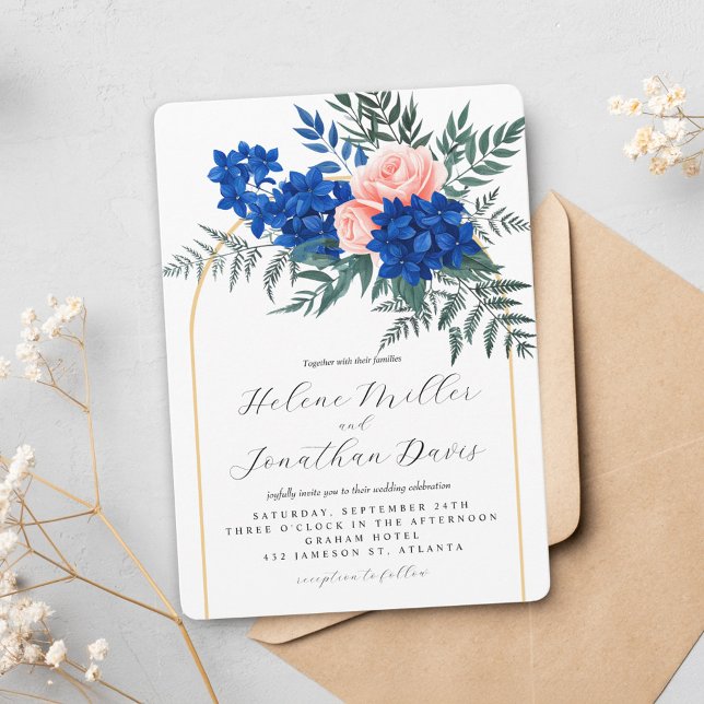 Convite Casamento Cor-de-Rosa Azul Cobalto, Elegante Flora (Stylish Floral Elegant Cobalt Blue Pink Wedding Invitation)