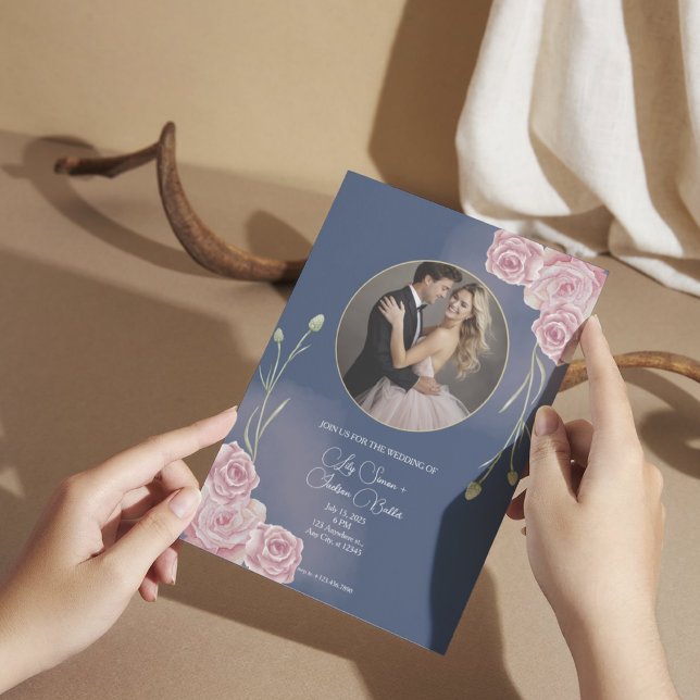 Convite Casamento Cor-de-Rosa Azul e Azul-Marinho Romântic (Criador carregado)