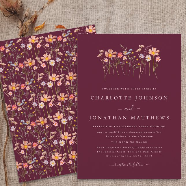 Convite Casamento Cor-de-Rosa Blush Burgundy Queda Flagran (Wildflower boho fall floral burgundy blush pink Wedding invitation)