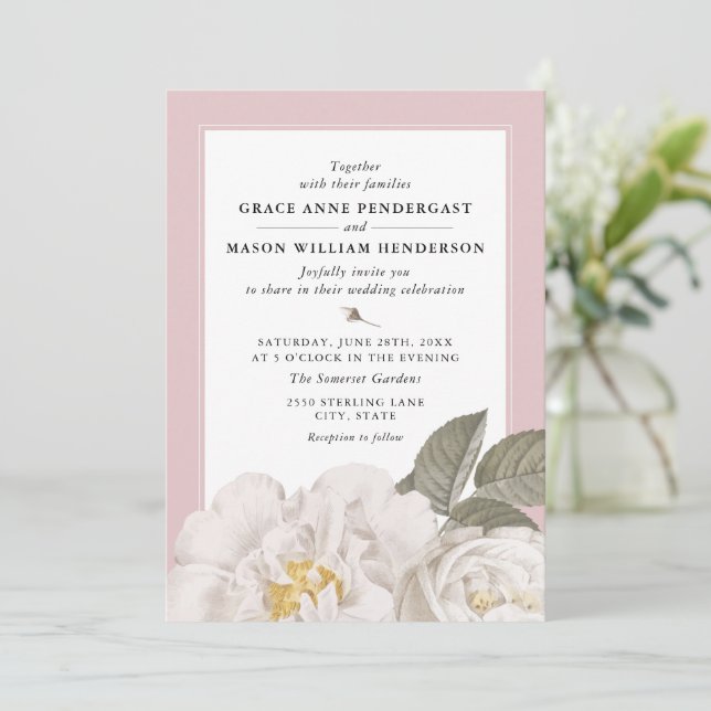 Convite Casamento Cor-de-Rosa Botânica, Branca, Rosa Botân (Em pé/Frente)