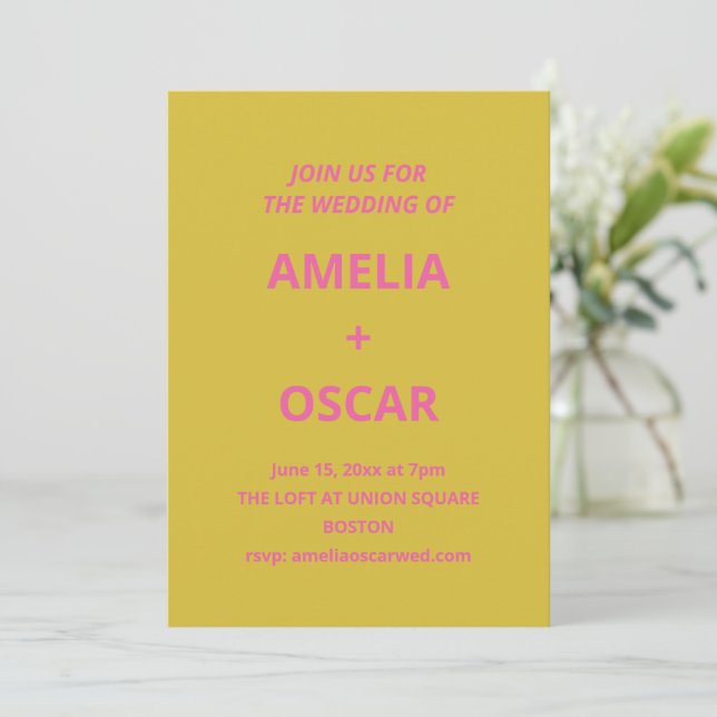 Convite Casamento Cor-de-Rosa Chartreuse Amarelo Moderno e (Em pé/Frente)