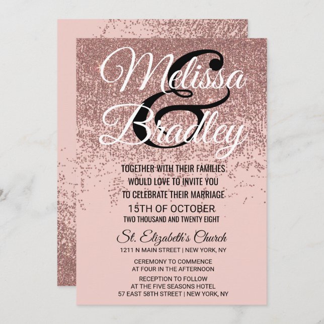 Convite Casamento Cor-de-rosa com brilho Dourado rosa (Frente/Verso)