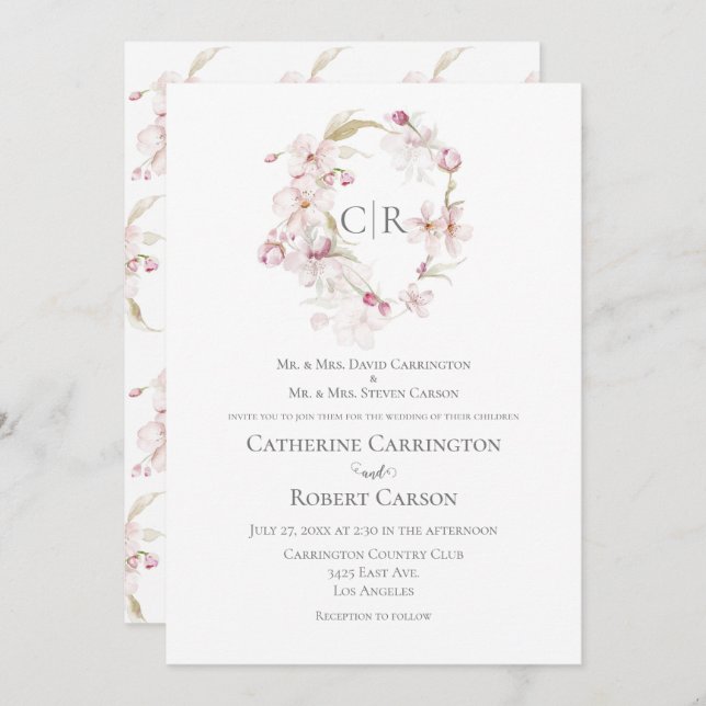 Convite Casamento Cor-de-Rosa com Script Floral (Frente/Verso)