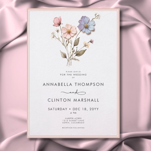 Convite Casamento Cor-de-Rosa do Pastel Pressionado Modern (Modern Pressed Pastel Wildflowers Sage Wedding Invitation)