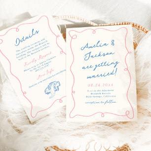 Convite Casamento Cor-de-Rosa e Azul Desenhado à Mão Capri