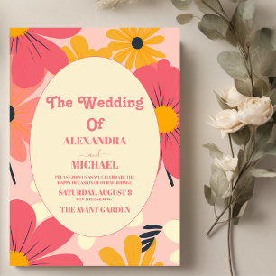 Convite Casamento Cor-de-Rosa e Dourado Groovy Retro
