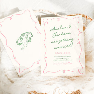 Convite Casamento Cor-de-Rosa e Verde Desenhado à Mão com 