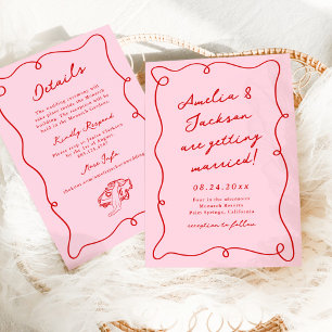 Convite Casamento Cor-de-Rosa e Vermelho Desenhado à Mão C