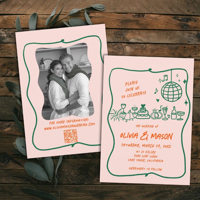 Convite Casamento Cor-de-Rosa Moderno Desenhado à Mão (hand drawn wedding invitation doodle illustration squiggle wavy frame modern funky unique pink)