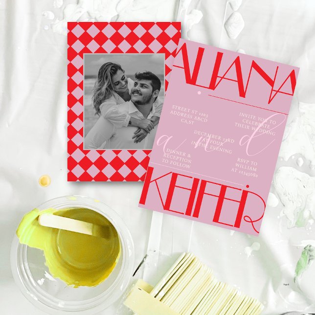 Convite Casamento Cor-de-Rosa Padrão Verificado Retrominim (Criador carregado)