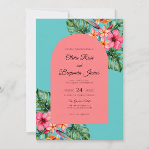 Convite Casamento Cor-de-Rosa Tropical Hibisco Eucalipto