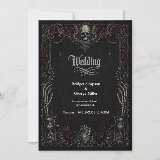 Convite Casamento Coração Caveira Rosa Gótica Preta  (Frente)