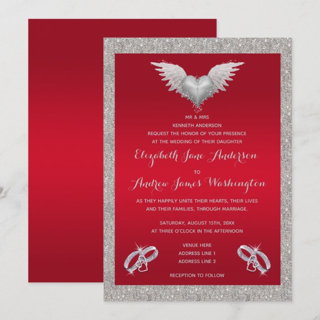 Convite Casamento Coração de Pena e Alianças Rubi Vermelho (Frente/Verso)