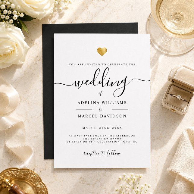 Convite Casamento Coração Dourado Caligrafia Minimal Moder (Criador carregado)