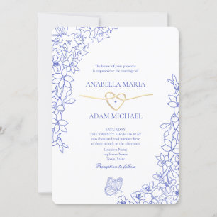 Convite Casamento Coração Dourado Floral Azul Chinesice