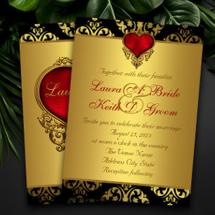 Convite Casamento Coração Dourado Preto Vermelho
