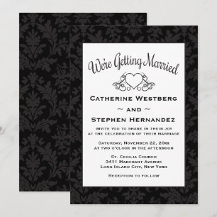 Convite Casamento Coração Floral Damasco Preto e Branco Vi