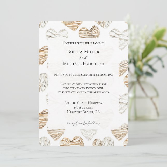 Convite Casamento Corações Branco Creme Romântico (Em pé/Frente)