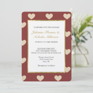 Convite Casamento Corações Brilho Creme Vermelho Dourado
