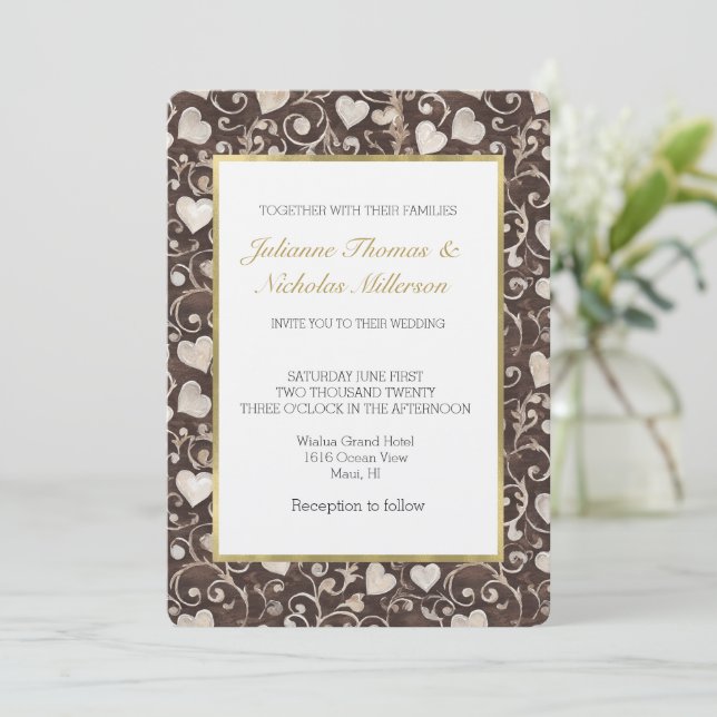 Convite Casamento Corações Creme Marrom Romântico (Em pé/Frente)
