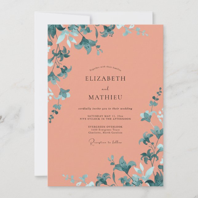 Convite Casamento Coral Aqua Folhagem (Frente)