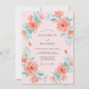 Convite Casamento Coral Aqua Peônia Jardim
