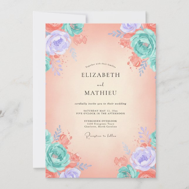 Convite Casamento Coral Aqua Peony (Frente)