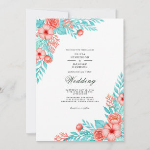Convite Casamento Coral Azul Floral Delight