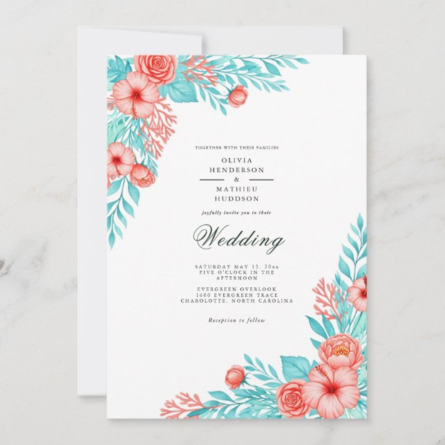 Convite Casamento Coral Azul Floral Delight (Frente)