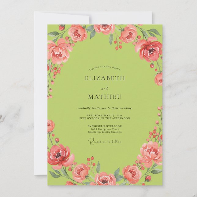 Convite Casamento Coral Chartreuse Ranunculus Eucalipto (Frente)