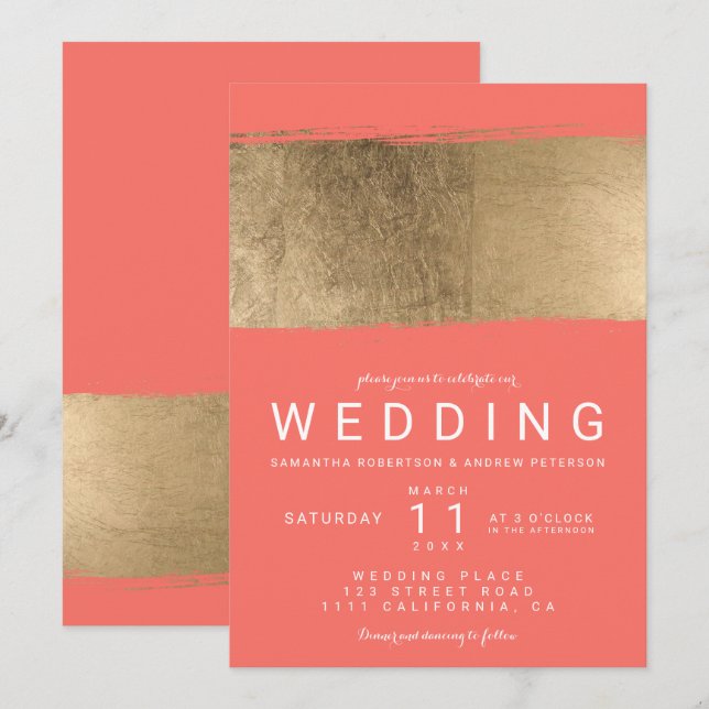 Convite Casamento coral com pincelada de ouro falso modern (Frente/Verso)