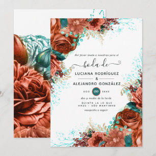 Convite Casamento Coral e Teal Floral Espanhol