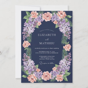 Convite Casamento Coral Lilás Eucalipto Meia-Noite