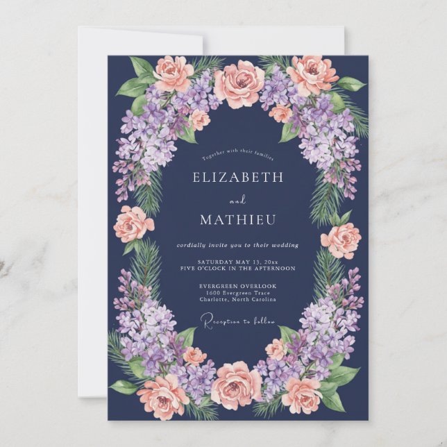 Convite Casamento Coral Lilás Eucalipto Meia-Noite (Frente)