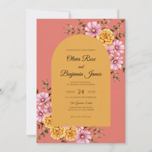 Convite Casamento Coral Ocre Zinnia Eucalipto