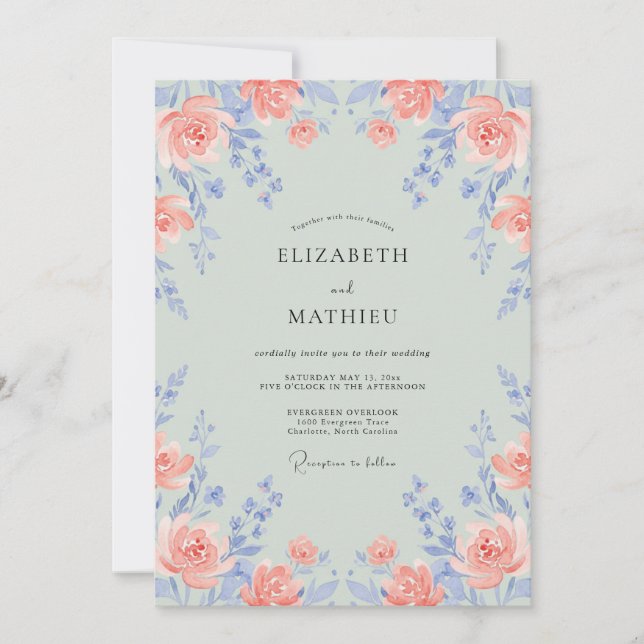 Convite Casamento Coral Periwinkle Ranunculus Eucalipto (Frente)