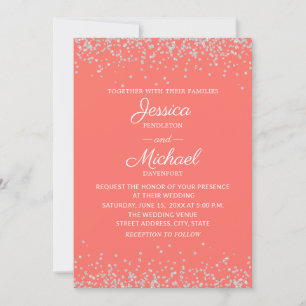 Convite Casamento Coral Prateado Glitter Elegante Moderno