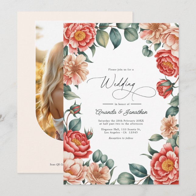 Convite Casamento Coral Rose, Apricot Blush e Soft Mint (Frente/Verso)
